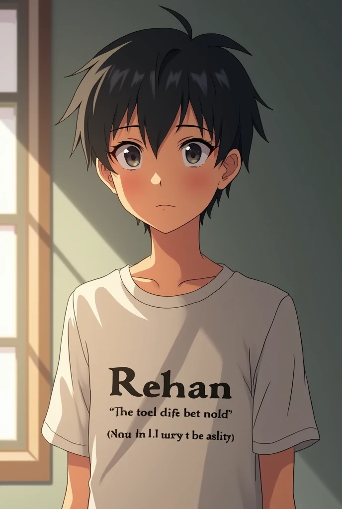 Illustrate an animated scene featuring an exceptionally attractive young Japanese boy wearing a shirt with "Rehan" on it. Include the quote: "The most difficult thing is the decision to act; the rest is merely tenacity" on the shirt. The boy should have a thoughtful and assured look, reflecting the essence of the quote.