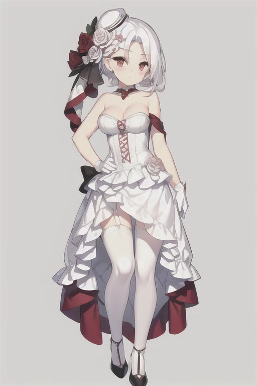 Vittorio_Veneto \(warship girls r\),((masterpiece)),(((best quality))),((ultra-detailed)),((illustration)),((disheveled hair)),((frills)),(1 girl),(solo),1girl,bangs,bare shoulders,black footwear,braid,breasts,choker,cleavage,dress,earrings,eyebrows visible through hair,flower,full body,fur trim,gloves,gradient,hair between eyes,hand on hip,hat,hat flower,high heels,jewelry,knife,large breasts,layered dress,short hair,looking at viewer,medium breasts,pantyhose,pink rose,purple rose,red dress,red flower,red rose,rose,rose petals,smile,solo,standing,two-sided fabric,short hair,weapon,white headwear,white rose,Standing,Ball gown dress,stockings,brown stockings,Translucent stockings,Translucent gloves,White lace wedding dress,Lace long wedding dress,Translucent Wedding Dress,Red eyes with highlights,White short hair(delicate eyes),twintails,
