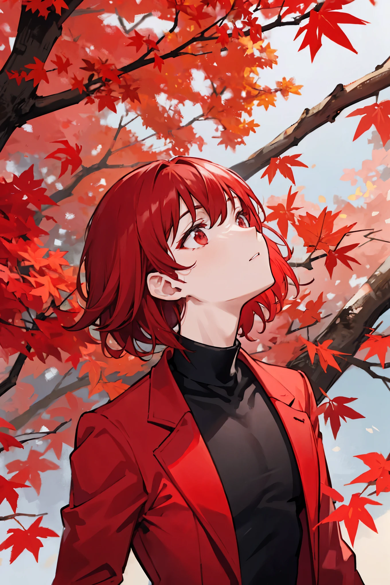 Looking up at the crimson maple tree、With red short hair、wearing a red suit jacket、Wearing a black turtleneck and black long pants、youth、man