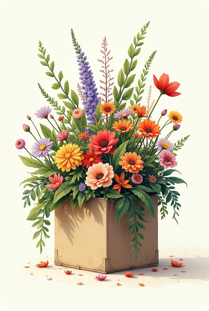 create a simple drawing of a box overflowing with flowers and leaves
