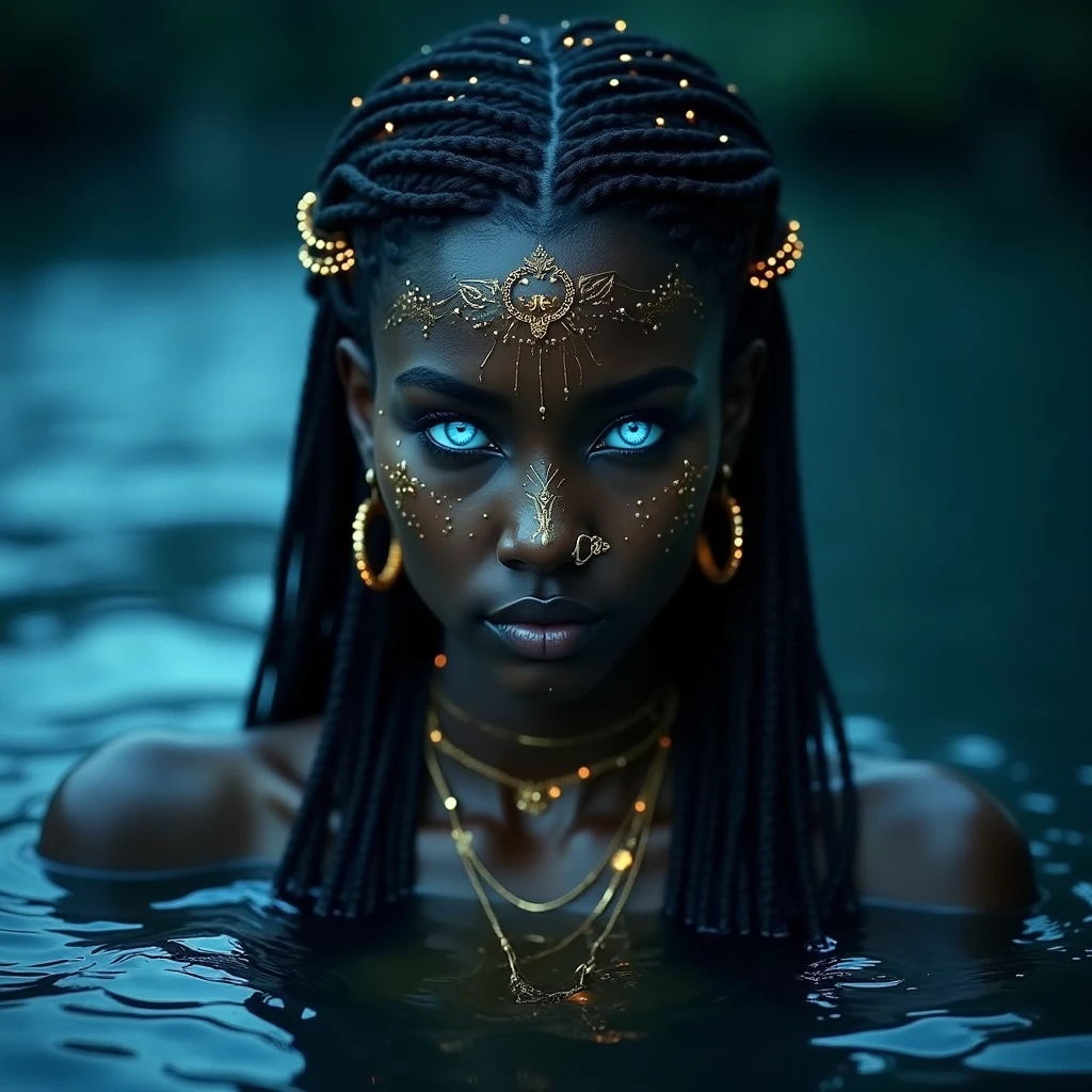 A mesmerizing and ethereal woman emerges from the water, her luminous blue eyes draw the viewer in with their piercing and otherworldly gaze. Its deep, rich skin adorned with intricate gold tattoos, that shimmer in the moonlight, creating a striking contrast with the darkness, rippling water that surrounds her. gold jewelry, that she wears - hoop earrings., multi-layered necklaces, and the nose ring - softly glows, adding to her mystical allure.
Its long, braided hair is intricately styled, with tiny golden beads and accessories, woven throughout, reflecting light and highlighting her regal look. The water gently laps around her, Creating ripples, reflecting the soft light of the night sky, adding a calm yet enigmatic atmosphere.
Lighting is soft and whimsical, with a deep blue hue, that envelops the scene, emphasizing the tranquility and magical nature of the setting. Background blurred and dark, allowing her luminous figure and glowing elements to remain the focal point, Creating an image, which is simultaneously intimate and awe-inspiring.
Close-up, Slightly tilted, with soft, Atmospheric lighting, which underscores the mystical and ethereal elements of the scene. Overall mood - serene mystery., focusing on the interaction of light, water, and striking features. ((Best quality:1.6)), ((high detail:1.5)), ((mystical atmosphere:1.4)), ((unearthly beauty:1.3)), ((uhd:1.5)), ((cinematic:1.4))