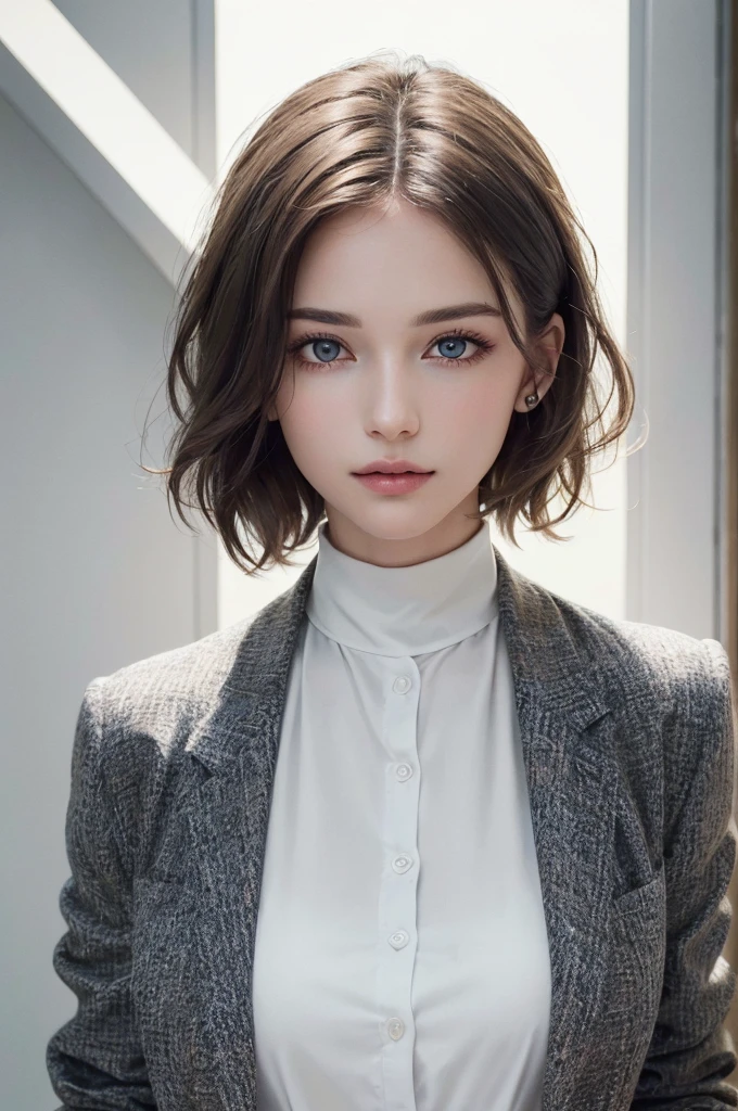 8K Ultra HD、RAWphotograph、モデルphotograph撮影、 European Fashion、(masterpiece、Highest quality、Realistic、High resolution、photograph:1.3)、close、focus on、Hot Model、slim、30 year old mature woman、Small face、No makeup、short hair、Beautiful dark brown Hayne eyes、Genuineスキン、(Perfect body)、Sexy hot face、sexual sight、slim、Tweed jacket、Long sleeve、High neck shirt、Button up,Beautiful eyes in every detail、Glossy lips、((Bright light、Dynamic Lighting、Genuine、超Genuine、 realism、Genuineなディテール、Cool Beauty、Cool pose、Background white、Plain white background