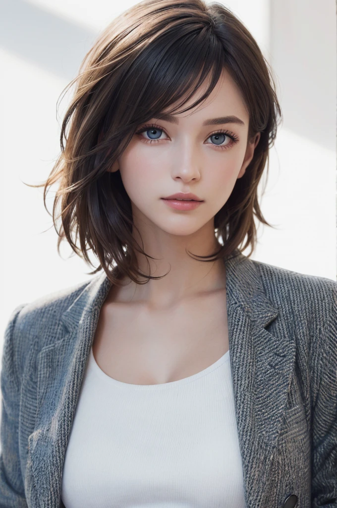 8K Ultra HD、RAWphotograph、モデルphotograph撮影、 European Fashion、(masterpiece、Highest quality、Realistic、High resolution、photograph:1.3)、close、focus on、Hot Model、slim、30 year old mature woman、Small face、No makeup、short hair、Beautiful dark brown Hayne eyes、Genuineスキン、(Perfect body)、Sexy hot face、sexual sight、slim、Tweed jacket、Long sleeve、High neck shirt、Button up,Beautiful eyes in every detail、Glossy lips、((Bright light、Dynamic Lighting、Genuine、超Genuine、 realism、Genuineなディテール、Cool Beauty、Cool pose、Background white、Plain white background