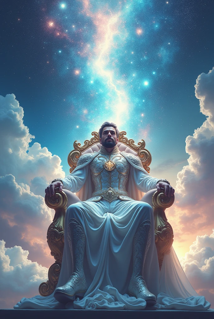 Create a man dressed in brilliant white with shimmering armor sitting on a throne with white clouds beneath it, and in the background a sky filled with strong, vibrant starry colors.