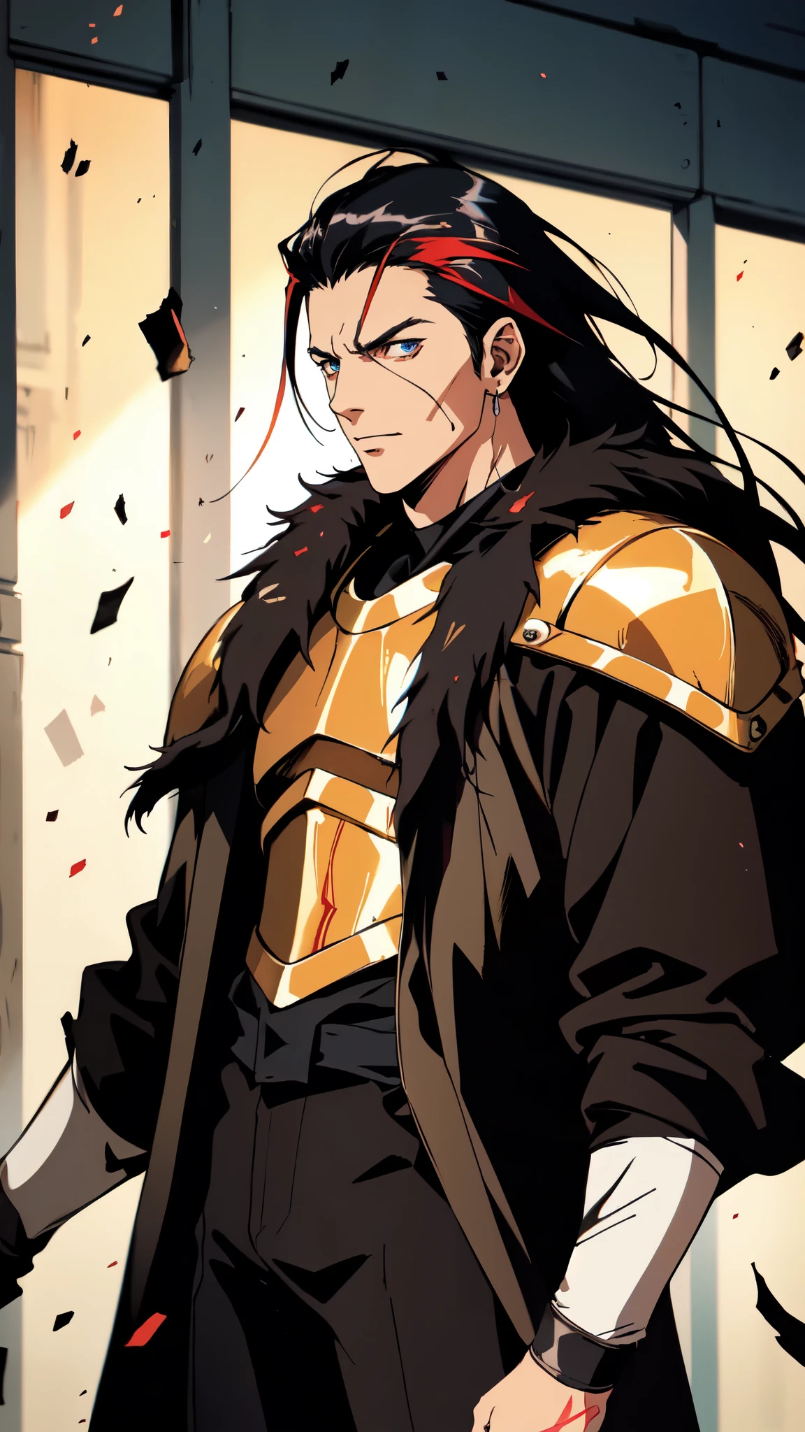 (masterpiece:1.2, best quality:1.2, extremely delicate:1.2), a middle-aged man, wild disheveled long hair streaked in red and black, a rugged and imposing face, a lightning-shaped tattoo on the left side of his face, sharp eyes, a confident smile, a tall and muscular build, a fantasy martial arts-style short-sleeved coat, form-fitting scale armor underneath, a black fur shawl drapes over his shoulders, wrist guards, matching canvas trousers, stands majestically on shattered ground, surrounded by floating debris, this character embodies a finely crafted fantasy martial arts-style overlord in anime style, exquisite and mature manga art style, dramatic, high definition, highres, ultra-detailed, ultra-fine painting, professional, perfect body proportions, golden ratio, anatomically correct, symmetrical face, extremely detailed eyes and face, high quality eyes, creativity, RAW photo, UHD, 32k, Natural light, cinematic lighting, (masterpiece-anatomy-perfect:1.2)