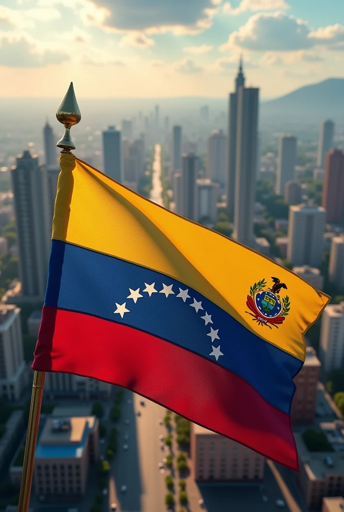 IMAGE ABOUT CREDIT RISK IN VENEZUELA WITH THE REALISTIC FLAG OF THAT COUNTRY WITH THE CITY OF CARACAS VIEWED FROM ABOVE AND BOLÍVAR COINS  