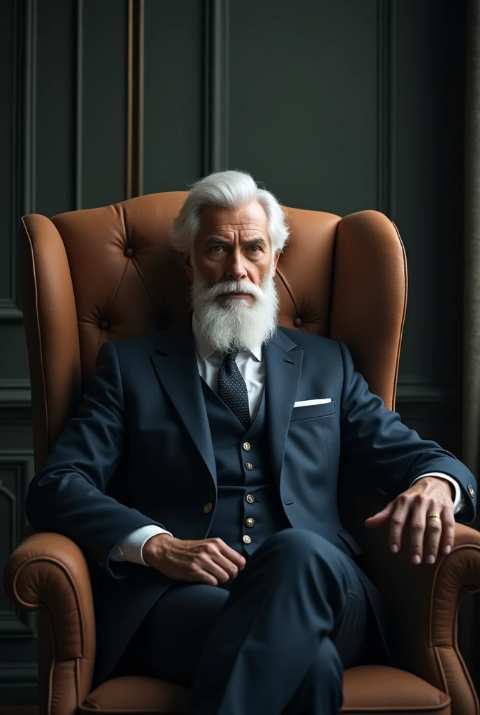A young looking man in his 40s with white hair and a white beard, blacksad, wearing a suit, sitting in an armchair in a position of power "PENSATIVE" looking straight ahead