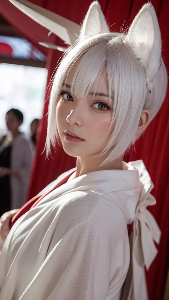 White Demon Fox、Nine-tailed Fox、Japanese women、kimono、Fair skin、Red lines on face、8K、I have white hair、Bobshort hair