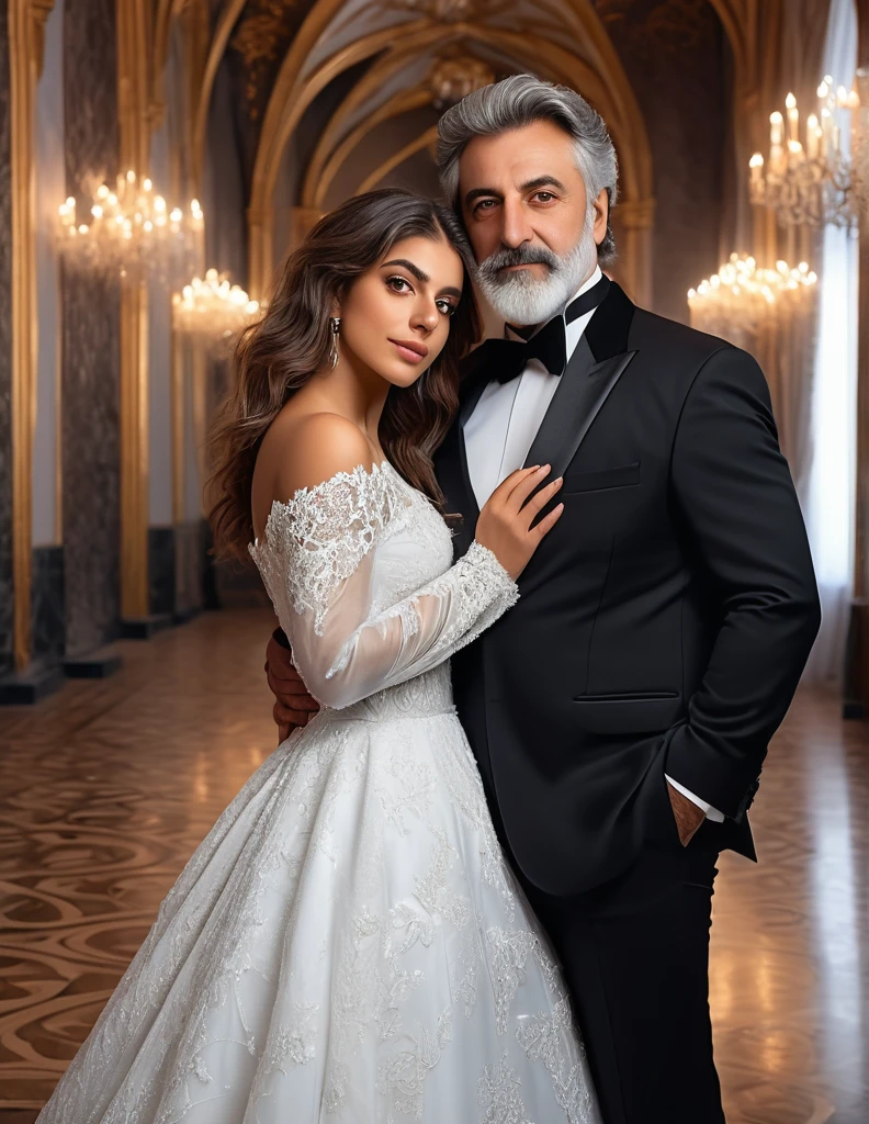 (fullbody photo:2.0) of father and daughter embracing in a ballroom: (a 25-year-old iranian woman, brown skin, triangular shaped face, brown eyes, long wavy hair, dark brown hair, busty, wearing a white winter wedding dress, long sleeves), embracing (a burly 65-year-old iranian man, brown skin,square shaped face, short full beard, brown eyes, short hair, grey hair, burly body, wearing a black elegant suit), in a ballroom of an enchanted castle, winter, (8k, photorealistic, RAW photo, best quality:1.4),
