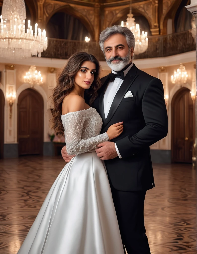 (fullbody photo:2.0) of father and daughter embracing in a ballroom: (a 25-year-old iranian woman, brown skin, triangular shaped face, brown eyes, long wavy hair, dark brown hair, busty, wearing a white winter wedding dress, long sleeves), embracing (a burly 65-year-old iranian man, brown skin,square shaped face, short full beard, brown eyes, short hair, grey hair, burly body, wearing a black elegant suit), in a ballroom of an enchanted castle, winter, (8k, photorealistic, RAW photo, best quality:1.4),