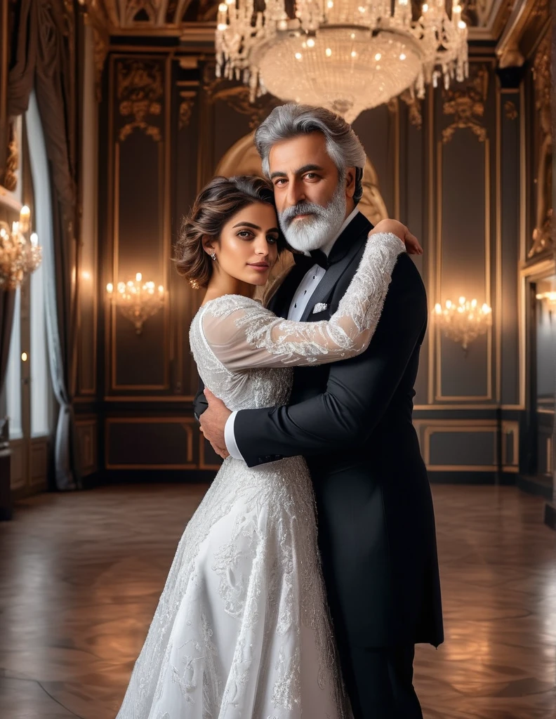 (fullbody photo:2.0) of father and daughter embracing in a ballroom: (a 25-year-old iranian woman, brown skin, triangular shaped face, brown eyes, long wavy hair, dark brown hair, busty, wearing a white winter wedding dress, long sleeves), embracing (a burly 65-year-old iranian man, brown skin,square shaped face, short full beard, brown eyes, short hair, grey hair, burly body, wearing a black elegant suit), in a ballroom of an enchanted castle, winter, (8k, photorealistic, RAW photo, best quality:1.4),