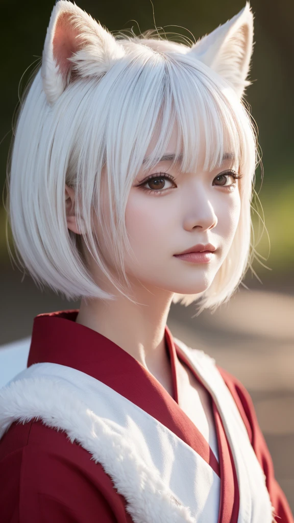 White Demon Fox、Nine-tailed Fox、Japanese women、kimono、Fair skin、Red lines on face、8K、I have white hair、Bobshort hair