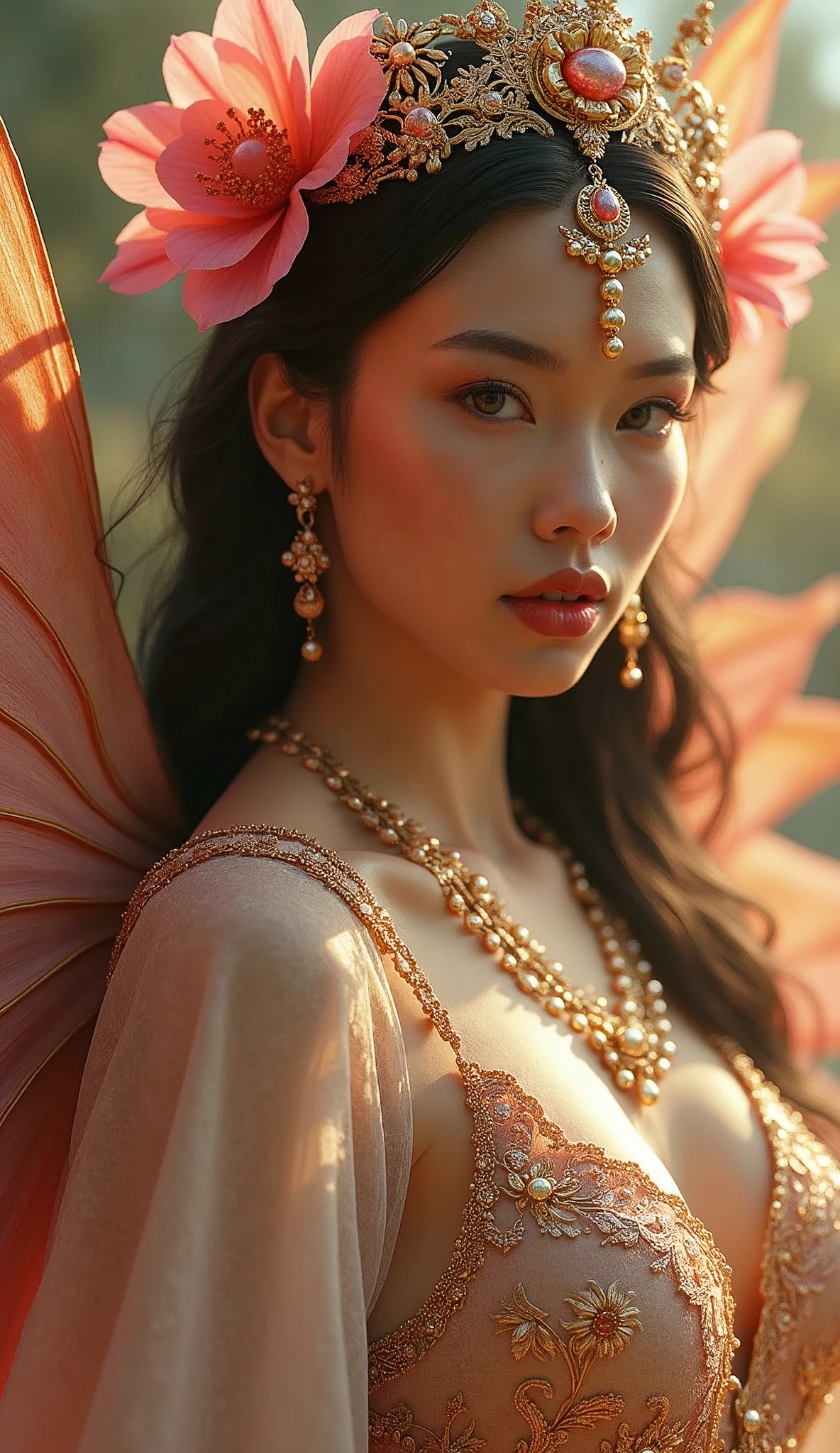A beautiful womans face with glamorous pointed opulence sensational outfit goddess phenominal real flower in finest detailed real epic goddess beautyful woman in filligri beautiful realistic ornate diva in noble full in picture in realistic in beautiful glasspunk in tropical in/HD/cinematic/full of hyper detailes/Unreal Engine dynamic lighting all full in picture mario nevad/guo pei, Broken Glass effect, no background, stunning, something that even doesn't exist, mythical being, energy, molecular, textures, iridescent and luminescent scales, breathtaking beauty, pure perfection, divine presence, unforgettable, impressive, breathtaking beauty, Volumetric light, auras, rays, vivid colors reflects