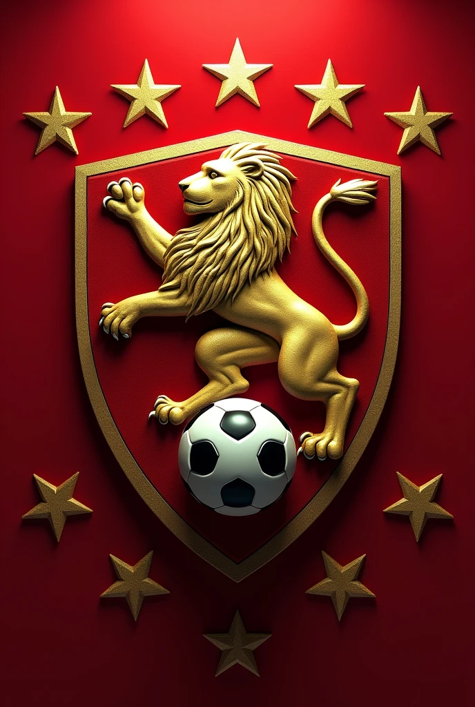 Create a shield for a football team with the Lion of Judah, add a soccer ball, add red color with stars from the city of Londrina, Paraná. 


