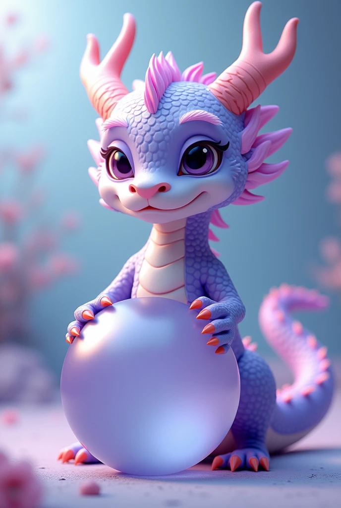 "非常漂亮的淡紫色中国dragon 3D 渲染，dragon&#39;The face is kind、Background with light blue garden、Grab the crystal ball with your front paws、Dynamic performance, Vivid effects and details，Best image quality，high resolution，