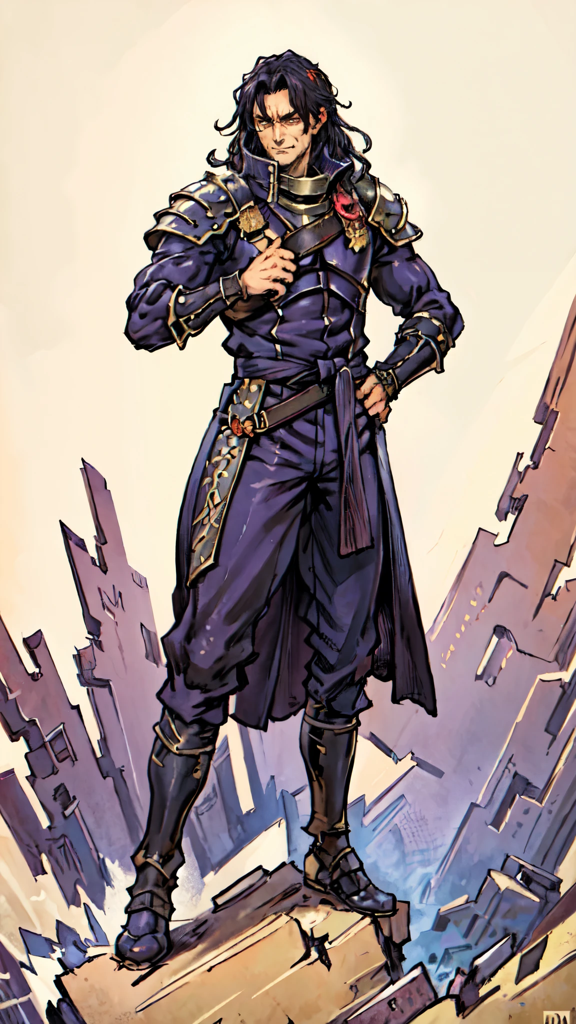 (masterpiece:1.2, best quality:1.2, extremely delicate:1.2), a middle-aged man, wild disheveled long hair streaked in red and black, a rugged and imposing face, a lightning-shaped tattoo on the left side of his face, sharp eyes, a confident smile, a tall and muscular build, a fantasy martial arts-style short-sleeved coat, form-fitting scale armor underneath, a black fur shawl drapes over his shoulders, wrist guards, matching canvas trousers, stands majestically on shattered ground, surrounded by floating debris, this character embodies a finely crafted fantasy martial arts-style overlord in anime style, exquisite and mature manga art style, dramatic, high definition, highres, ultra-detailed, ultra-fine painting, professional, perfect body proportions, golden ratio, anatomically correct, symmetrical face, extremely detailed eyes and face, high quality eyes, creativity, RAW photo, UHD, 32k, Natural light, cinematic lighting, (masterpiece-anatomy-perfect:1.2)