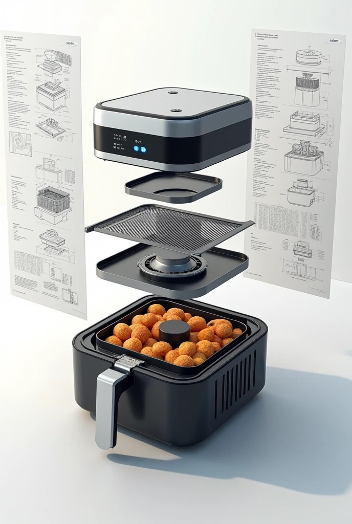 An exploded isometric view of an air fryer with a project sheet in the background containing 2D project images and details of an air fryer.