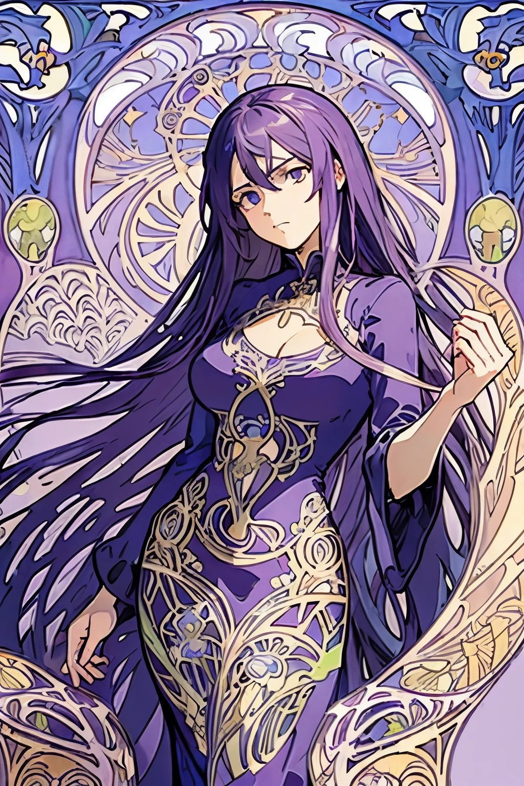 Absurd, Top Quality, Super Detail,Detailed Background,(Art Nouveau:1.5), (Tangled:1.3), 1 girl, purple hair, straight hair, angry