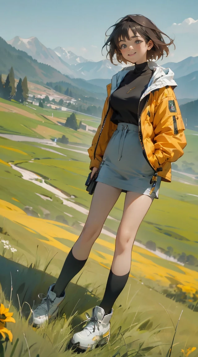 masterpiece, best quality, 1girl, solo, light smile, mountain, lake, meadow, panorama, jacket, kneehighs, boots, portrait