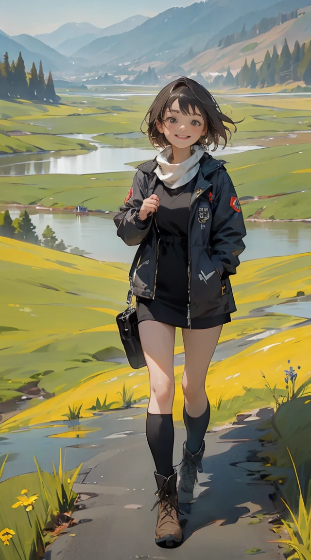 masterpiece, best quality, 1girl, solo, light smile, mountain, lake, meadow, panorama, jacket, kneehighs, boots, portrait