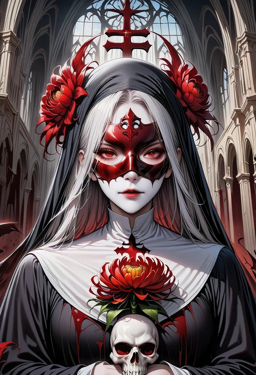 (best quality,4K,8K,high resolution,masterpiece:1.2),Super detailed,(actual,photoactual,photo-actual:1.37),Giant cross：1.37，Spacious church,Beautiful nun,black robe，(meticulously made,Gorgeous) mask,Demons around,skull,bloody,red lily,red chrysanthemum,flame,Light.bloody，blood stains，，flame，