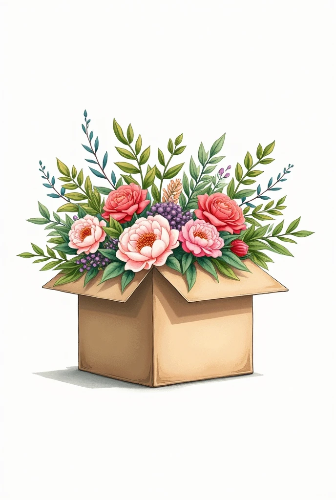 create a simple and easy 1D drawing of a box overflowing with flowers and leaves
