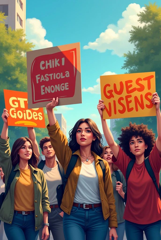 Some college students protest with banners