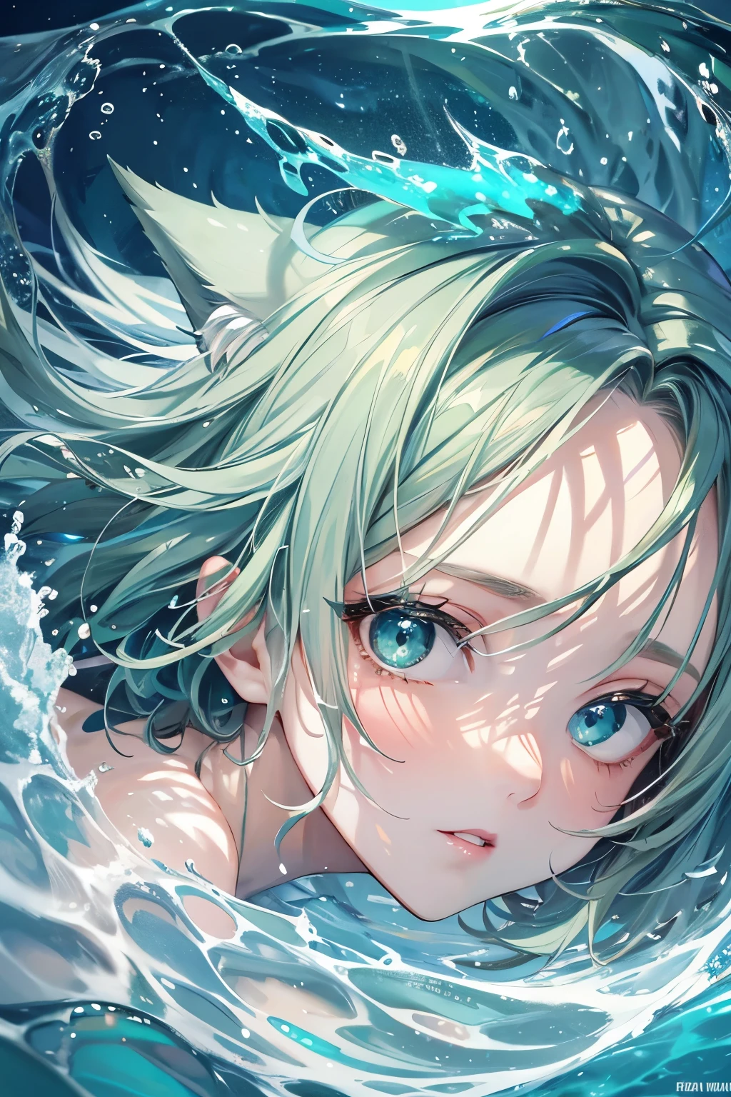 male, green messy wolf cut hair deep ocean eyes, feminine face, small lips, big eyes, Shota, middle of the ocean, slowly drowning