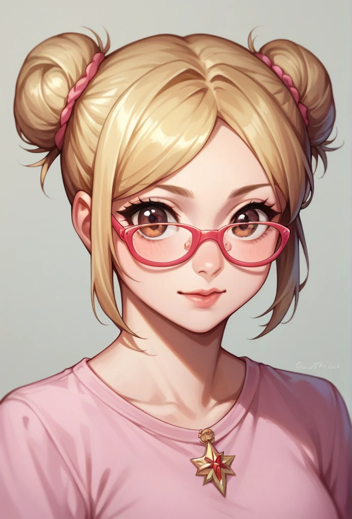 ((highest quality)), ((masterpiece)), (detailed), headshot, blond hair, hair in buns, pink glasses, brown eyes, pink flowery magical, pink shirt, cute