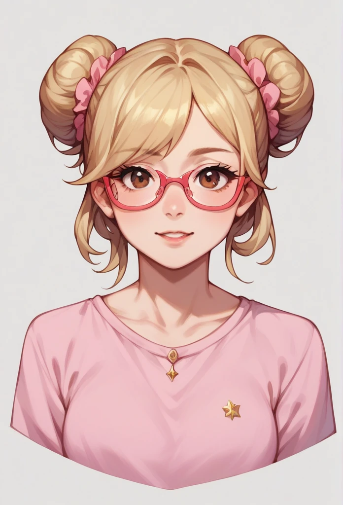 ((highest quality)), ((masterpiece)), (detailed), headshot, blond hair, hair in buns, pink glasses, brown eyes, pink flowery magical, pink shirt, cute