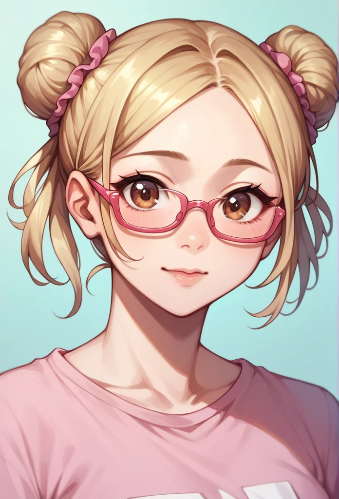 ((highest quality)), ((masterpiece)), (detailed), headshot, blond hair, hair in buns, pink glasses, brown eyes, pink flowery magical, pink shirt, cute