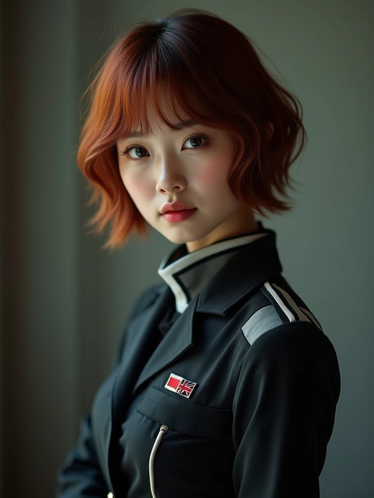 (Model shooting style), (shy), Lonely, Shiny Hair、 Extremely rich facial detail, 美Shii目, [Chubby], cute, Slightly red cheeks，bright, さびShii目, Stunning beauty, (Rembrandt Lighting), ARRI Lenses, Surreal, (Skin with attention to detail:1.2),8k,ARRI ALEXA 35,White Promist, Dramatic Rim Light, high quality,とても繊細で美Shii, 素晴らShii, In detail, masterpiece, Very detailed, High resolution,Best Shot, Best Shadow,Complex,Sharp focus, high quality, alone.cute,美Shii肢体、Flexible muscles、美Shii尻、Lens flare,Beautiful breasts,Cool eyes,Glossy Lips,smile,Glowing Skin,Cinematography, Portrait Photography, 

Earth Federation Forces。Lieutenant Matilda。Short reddish-brown hair。Black and gray two-tone uniform。Dark Eyes。Red Rouge。brightグレーの制帽に地球連邦軍のエンブレム、Black Brim
sexy。Slender。
Military ship 、Command Room。
Beauty。Beautiful breasts。Is saluting。In the left hand is the evaluation file.。
masterpiece、Highest quality、8k、uhd、High definition、Fine skin quality。Realistic、
From the waist up
Saluting。Holding a file notebook under the arm。Rin々Shii。The charm of an adult woman。