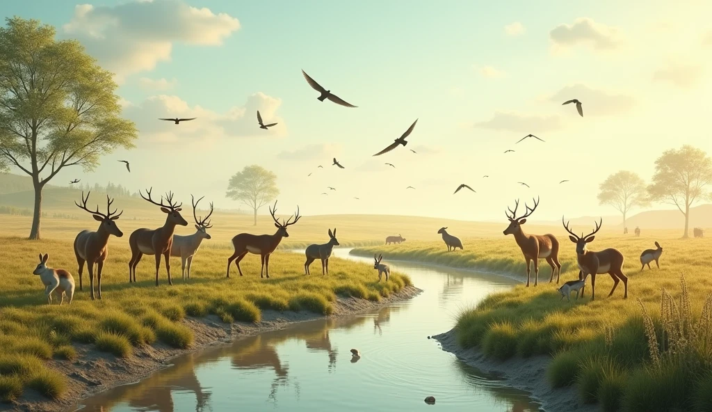 Many animals gathered around the plain near the river