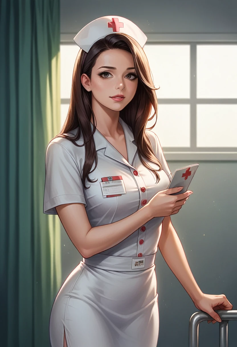 cuerpo entero, plano general de la escena:1.5, realistic anime style nurse, beautiful woman with long brown hair, caring for a sick patient, extremely detailed face and eyes, detailed clothing, hospital setting, warm lighting, vibrant colors, cinematic composition, masterpiece, 8k, photo-realistic, hyper detailed
