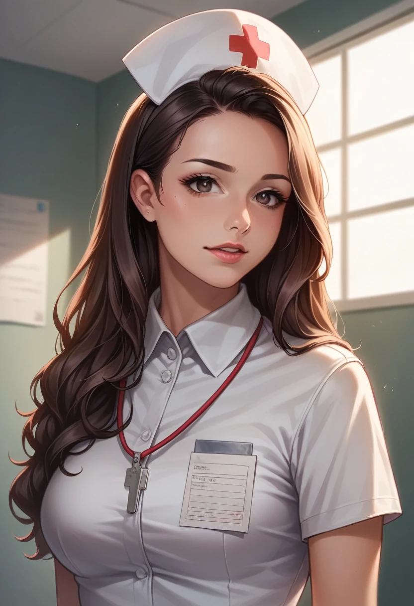 cuerpo entero, plano general de la escena:1.5, realistic anime style nurse, beautiful woman with long brown hair, caring for a sick patient, extremely detailed face and eyes, detailed clothing, hospital setting, warm lighting, vibrant colors, cinematic composition, masterpiece, 8k, photo-realistic, hyper detailed
