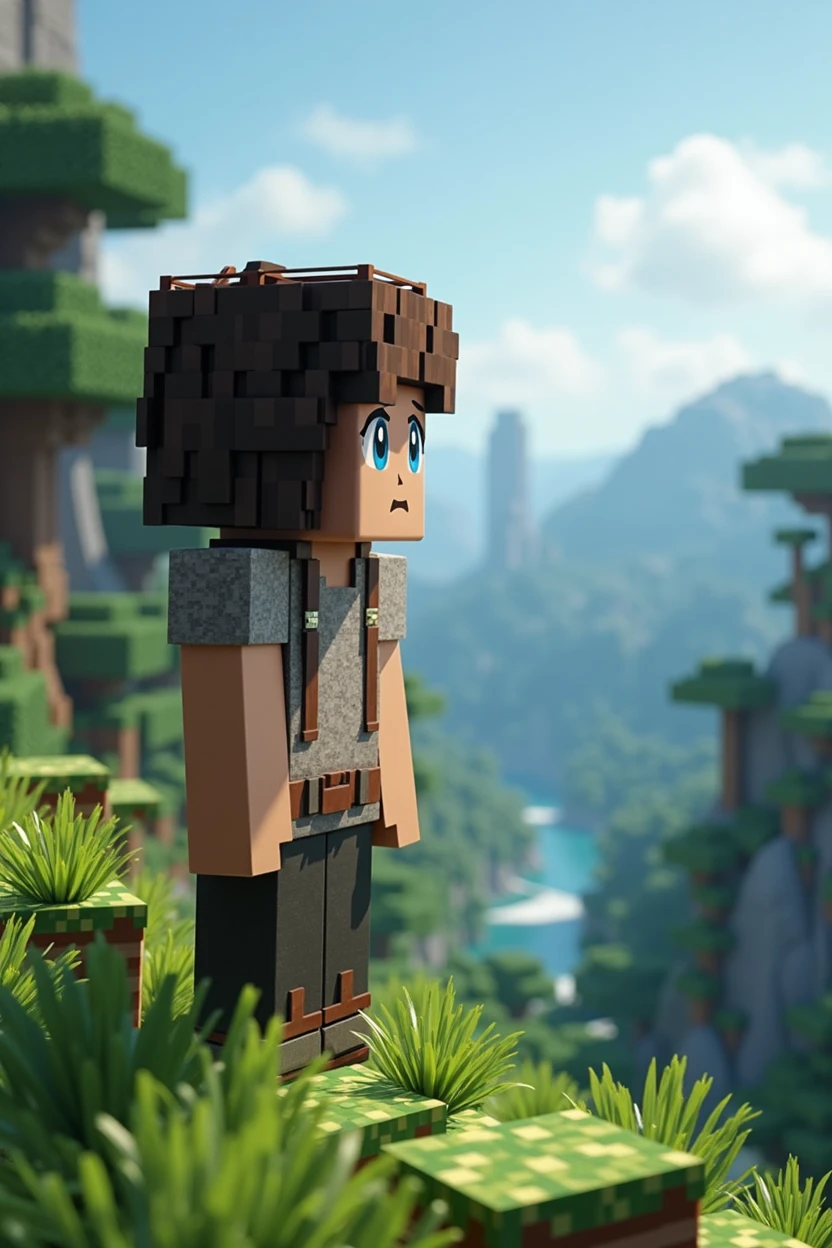 a detailed minecraft character looking out over pristine nature, beautiful detailed eyes, beautiful detailed lips, extremely detailed face and features, long eyelashes, photorealistic, 8k, ultra-detailed, highly realistic, unreal engine, cinematic lighting, vibrant colors, lush forest, rolling hills, clear blue sky, peaceful atmosphere, serene landscape, volumetric lighting, depth of field, hyper-realistic textures, organic shapes, natural environment, environmental storytelling, fantastical elements, dreamlike quality