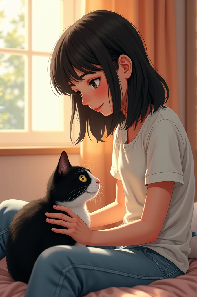  girl with a black and white cat