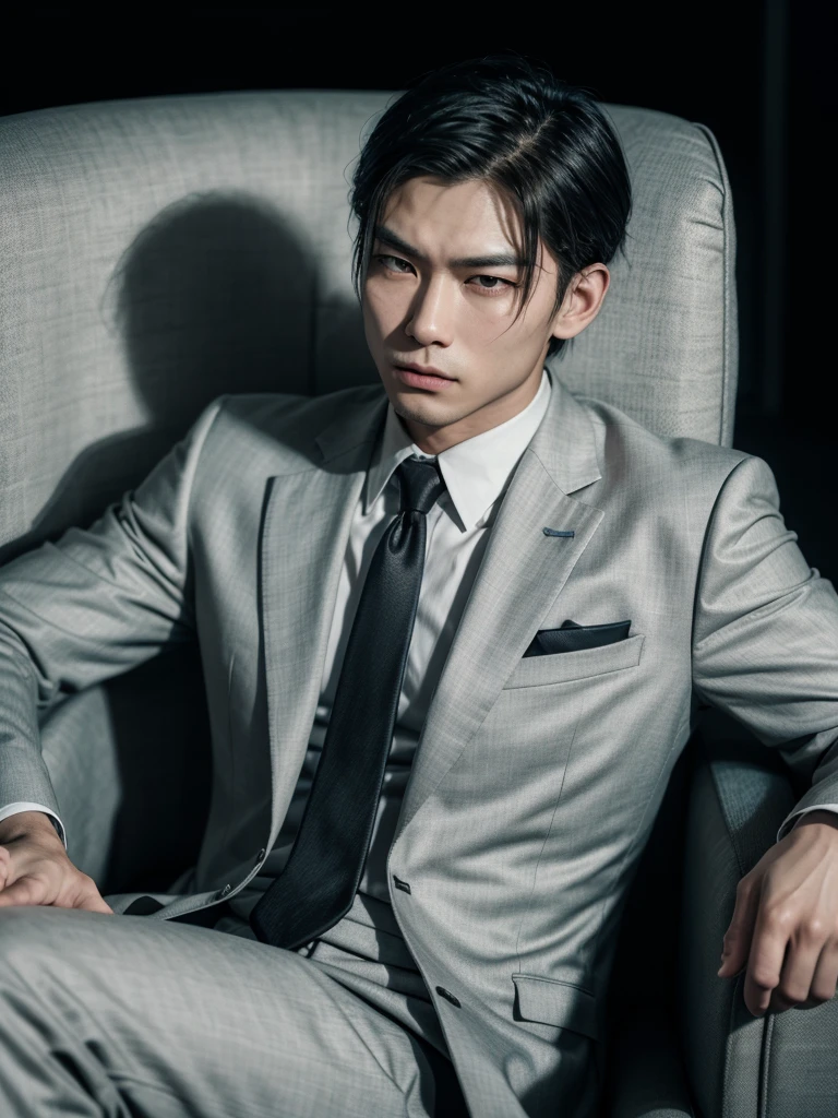 asian man, marked jaw, blackquality hair, fbi agent, using suit, sitting in a chic armchair, looking at screen, striking look, CIA secret agent clothing, full hd, 4K