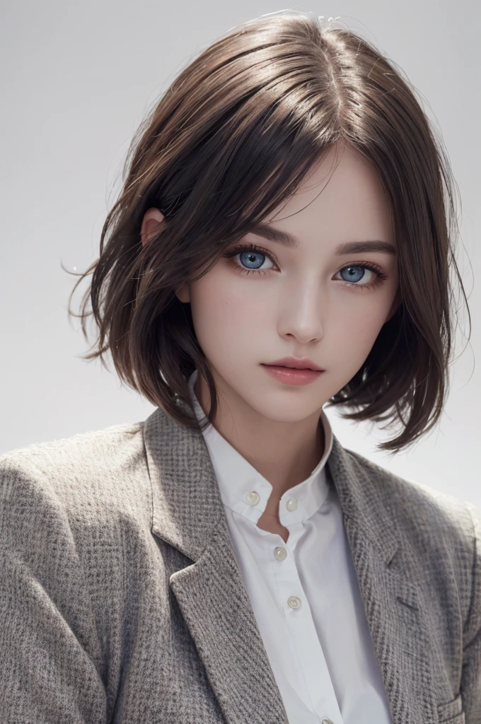 8K Ultra HD、RAWphotograph、モデルphotograph撮影、 European Fashion、(masterpiece、Highest quality、Realistic、High resolution、photograph:1.3)、close、focus on、Hot Model、slim、30 year old mature woman、Small face、No makeup、short hair、Beautiful dark brown Hayne eyes、Genuineスキン、(Perfect body)、Sexy hot face、sexual sight、slim、Tweed jacket、Long sleeve、High neck shirt、Button up,Beautiful eyes in every detail、Glossy lips、((Bright light、Dynamic Lighting、Genuine、超Genuine、 realism、Genuineなディテール、Cool Beauty、Cool pose、Background white、Plain white background