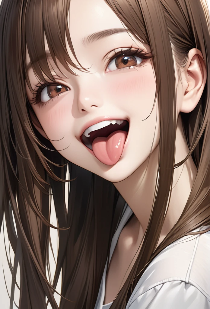 Ultra-realism、Brown Hair,Open your mouth, smile, High resolution, Sticking out tongue, Long Hair,