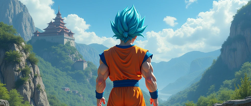 Super Saiyan Blue Goku, training in outdoor martial arts, He stands atop a massive mountain, An old castle, trees, and hills appear in the background., Yellow hair, Naruto, Shown from behind