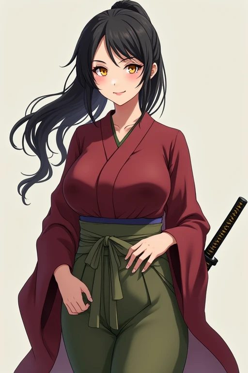 Anime Japanese woman in a kimono with yellow eyes, black hair, maroon clothing, and olive green hakama. She has large breasts, long hair in a ponytail, and is smiling. She is wearing a sword on her left hip.