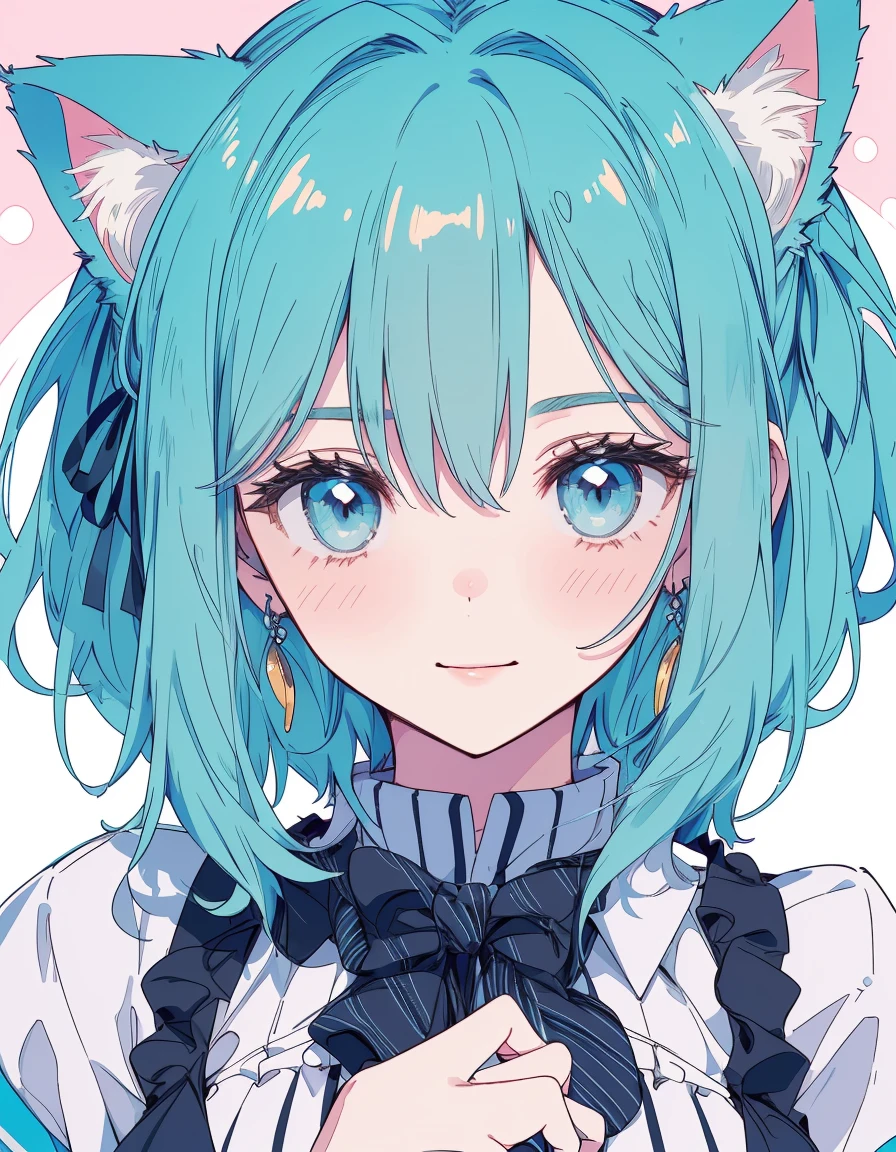 sunset beach, smile, dress, ((masterpiece, best quality:1.5)), ((Beautiful detailed cat aqua eyes:1.2)), cat ears, pale skin, medium breasts, beautiful hands, beautiful fingers, EasyNegative