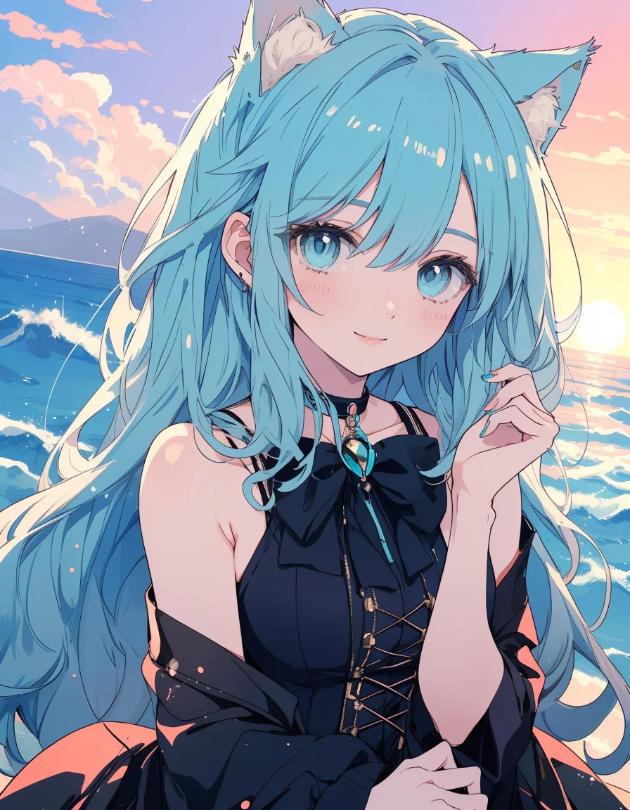 sunset beach, smile, dress, ((masterpiece, best quality:1.5)), ((Beautiful detailed cat aqua eyes:1.2)), cat ears, pale skin, medium breasts, beautiful hands, beautiful fingers, EasyNegative