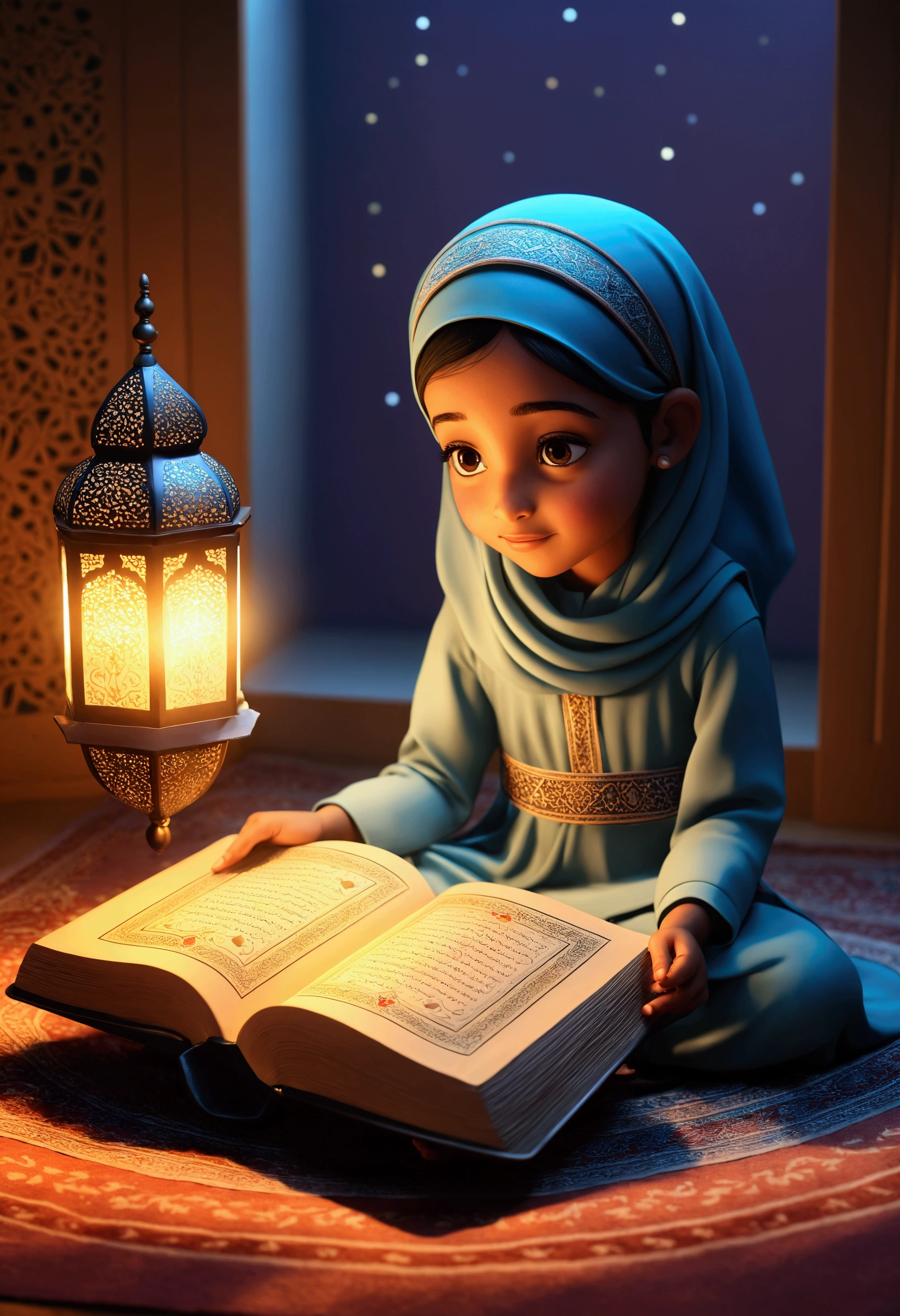 A Muslim girl reads the Quran in cartoon picture with cinematic light