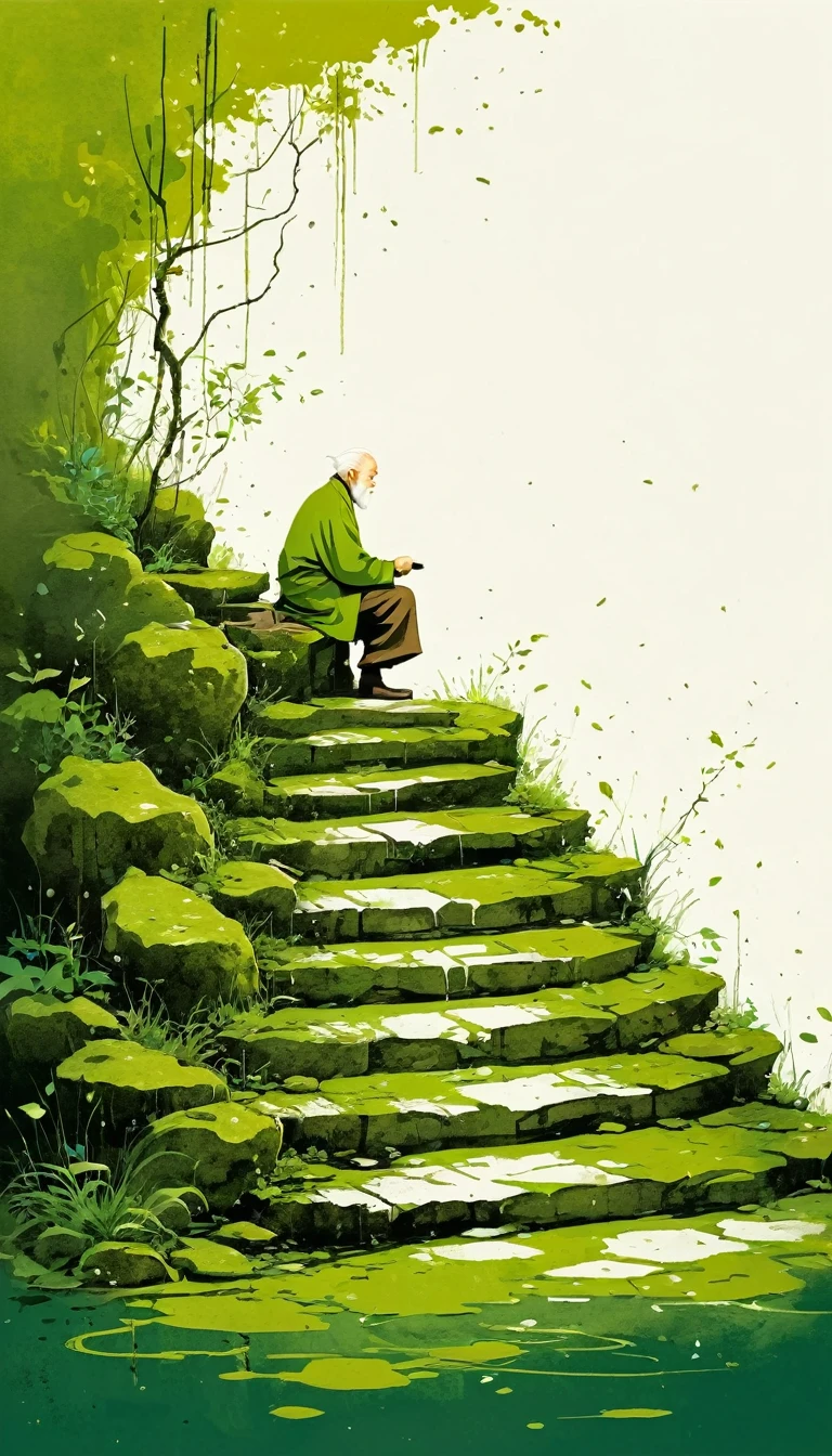 中国水墨画sketch：Light Ink，Lowercase，sketch，artistic conception，Old man on mossy steps，Minimalism，(((Negative Space,Bottom left composition)))