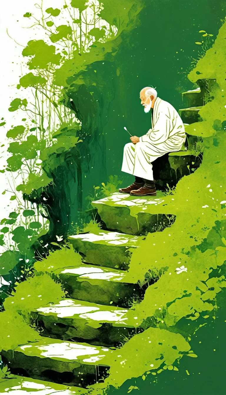 中国水墨画sketch:Light Ink,Lowercase,sketch,artistic conception,Old man on mossy steps,Minimalism,(((Negative Space,Bottom left composition)))