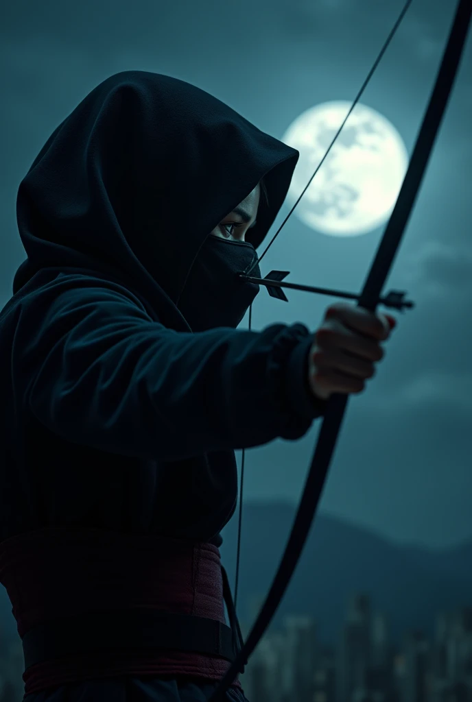 Close-up from aside A hyper-realistic image of a woman wearing like a ninja that covered her head, nose and her mouth shooting an arrow. It's dark at night. The ninja is aiming the arrow at the moon. The image should be focus at the side of her face, and the arrow. The arrow is pointed to the moon. Full moon.