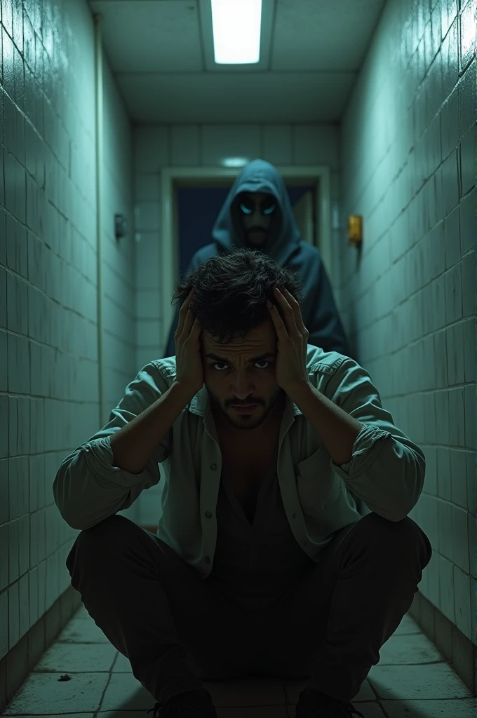 Vikram sitting in a small, padded cell of a mental asylum, looking disheveled and haunted. He’s holding his head with both hands, mumbling to himself in fear. The room is stark and sterile, with harsh lighting from a single overhead light. Vikram’s eyes are wide with terror, and the expression on his face is that of someone who has lost all hope. The door to the cell is slightly ajar, and in the shadow, another figure (Rohan) stands ominously, partially obscured.