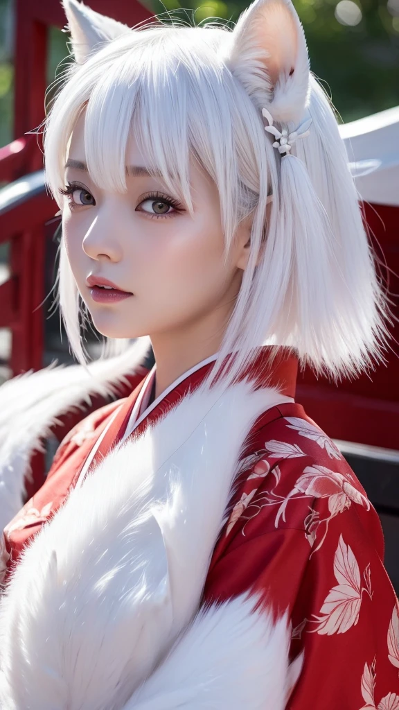 White Demon Fox、Nine-tailed Fox、Japanese women、kimono、Fair skin、Red lines on face、8K、I have white hair、Bobshort hair